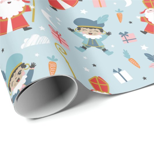Niedliche Sinterklaas und Muster auf hellblau Geschenkpapier (Rolleneckpunkt)