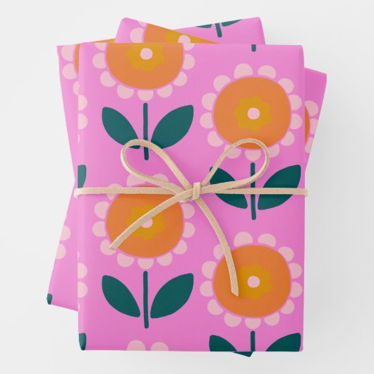 Niedliche skandinavische Blume in Rosa und Orange Geschenkpapier Set (Beispiel)