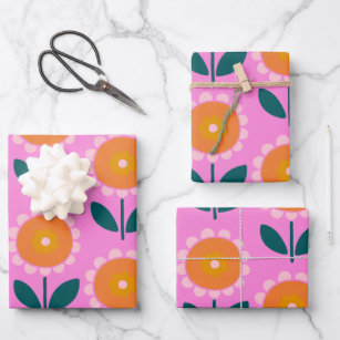 Niedliche skandinavische Blume in Rosa und Orange Geschenkpapier Set