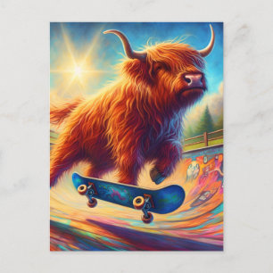 Niedliche Skateboarding Highland Cow Postkarte