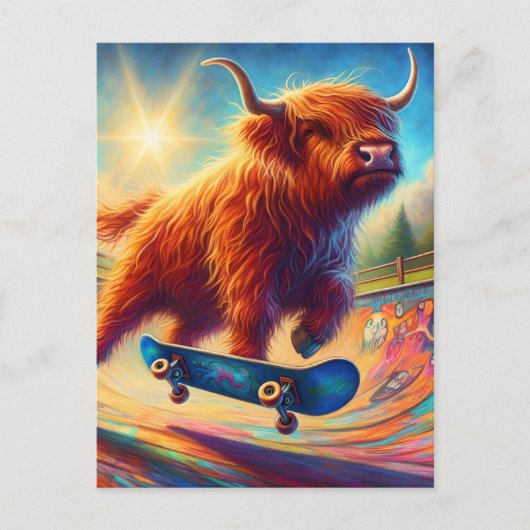 Niedliche Skateboarding Highland Cow Postkarte (Vorderseite)