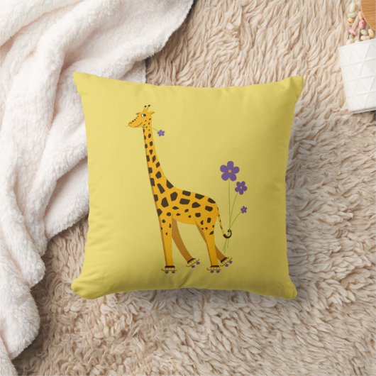 Niedliche Skaten Giraffe mit Blume Gelb Kinder Kissen (Decke)