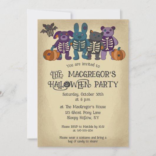 Niedliche Skeletttiere und Pumpkins-Halloween-Part Einladung (Vorderseite)