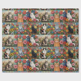 Niedliche skurrile Katzen und volkstümliche Kunstb Geschenkpapier