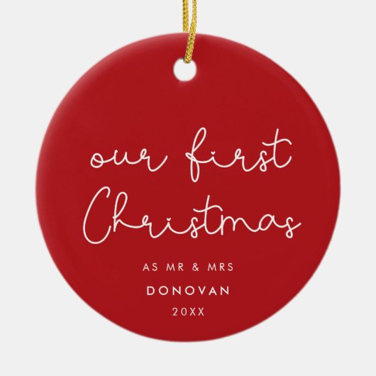 Niedliche skurrile Unser erstes Weihnachts-Rotes F Keramik Ornament (Vorne)
