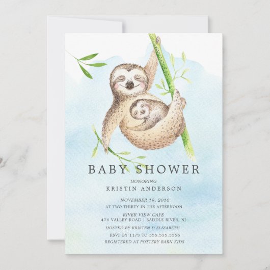 Niedliche Sloth Baby Dusche Einladung (Vorderseite)