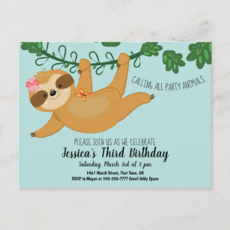 Niedliche Sloth Girls Geburtstagsparty Einladung Postkarte