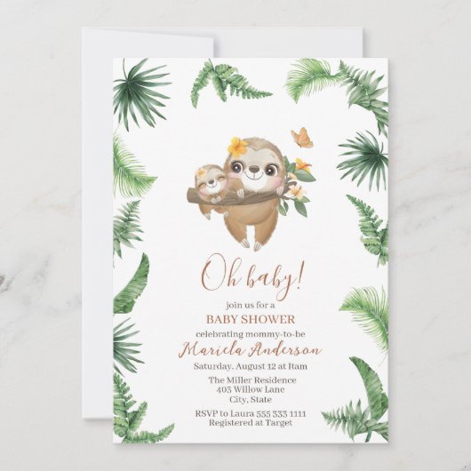 Niedliche Sloth Greenery Watercolor Babydusche Einladung (Vorderseite)