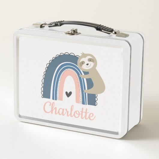 Niedliche Sloth Hugging Rainbow Girly School Metall Brotdose (Vorderseite)