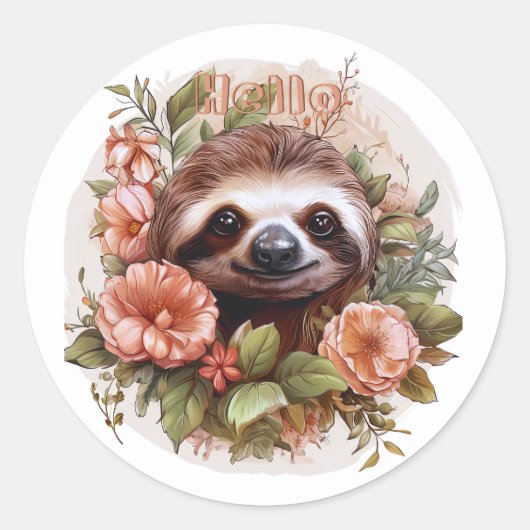 Niedliche Sloth mit Blume Hallo Runder Aufkleber (Vorderseite)