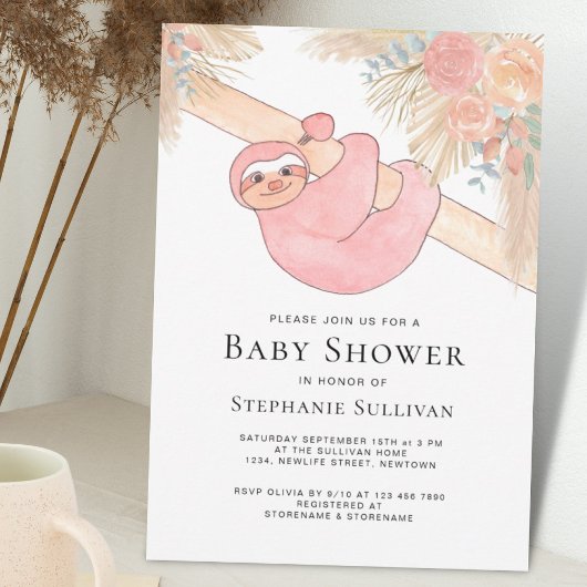 Niedliche Sloth Pampas Grass Girl's Baby Shower Einladung