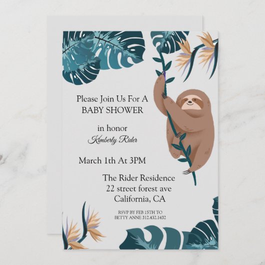 Niedliche Sloth Tropical Leaf Babydusche Einladung (Vorne/Hinten)