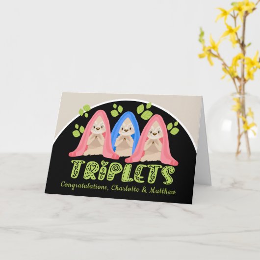 Niedliche Sloth Two Girls One Boy New Triplet Baby Karte (Gelbe Blume)