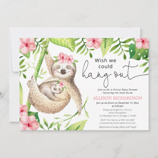 Niedliche Sloth Virtual Babydusche Rosa Tropenmädc Einladung (Vorderseite)