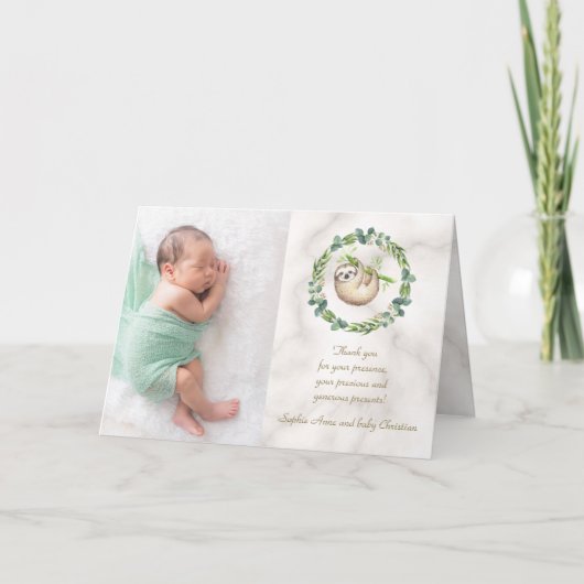 Niedliche Sloths Eucalyptus Wreath Baby Dusche Dankeskarte (Vorderseite)