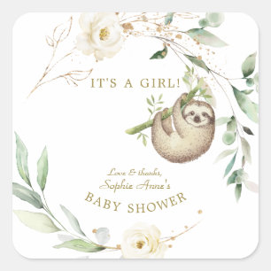 Niedliche Sloths Floral Greenery Girl Baby Shower Quadratischer Aufkleber