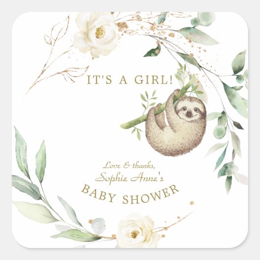 Niedliche Sloths Floral Greenery Girl Baby Shower Quadratischer Aufkleber (Vorderseite)