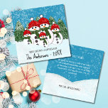 Niedliche Snowman-Familie mit Fünf-Tage-Karte<br><div class="desc">Freuen Sie sich auf eine niedliche und fröhliche Schneemannsfamilie mit einer roten Mütze und einem grünen Schal, die vor einem Pinienwald stehend ist. Diese Abbildung wurde von den vielen Schneemannsfamilien inspiriert, die während der wenigen Tage, die kalt genug sind, um in den genannten Südkalifornischen Bergen zu schnee, das Los Angeles...</div>