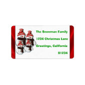 Niedliche Snowmannfamilie von vier Rücksendeadress Adressaufkleber (Vorne)