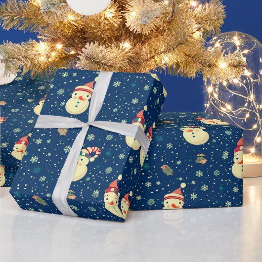 Niedliche Snowmen Schneeflocken Blauer Weihnachten Geschenkpapier (Feiertage)