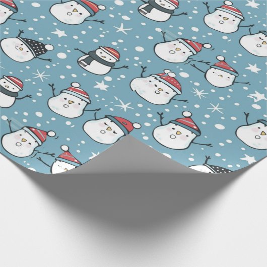Niedliche Snowmen Schneeflocken Blauer Weihnachten Geschenkpapier (Ecke)
