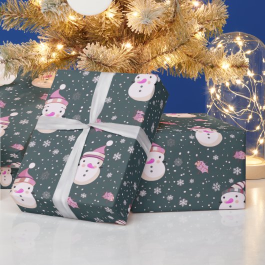 Niedliche Snowmen Schneeflocken Weihnachten Grün Geschenkpapier (Feiertage)