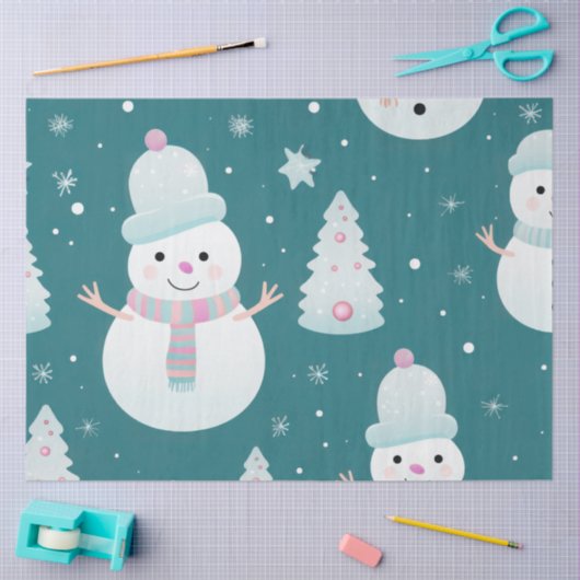 Niedliche Snowmen Schneeflocken Weihnachten Grün Seidenpapier (Basteln)