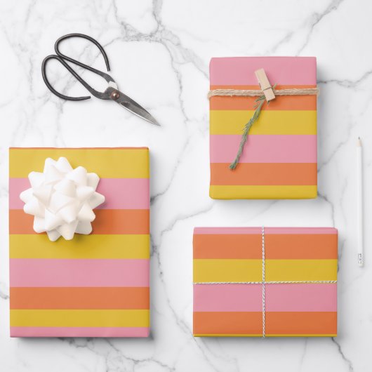 Niedliche Sommerstreifen in rosa Gelborange  Geschenkpapier Set (Vorderseite)