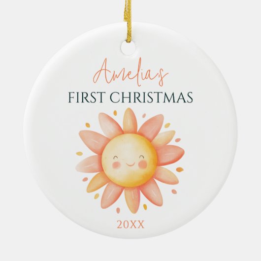 Niedliche Sonne Zeichnend Custom Keepake 1. Weihna Keramik Ornament (Hinten)