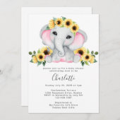 Niedliche Sonnenblume Elephant Baby Girl Dusche Einladung (Vorne/Hinten)