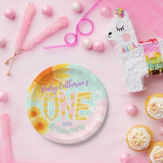 Niedliche Sonnenblume Erster Geburtstag Pappteller (Party)