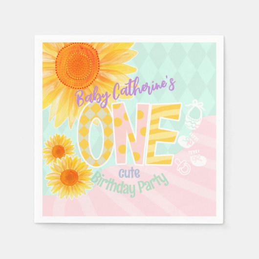 Niedliche Sonnenblume Erster Geburtstag Serviette (Vorderseite)