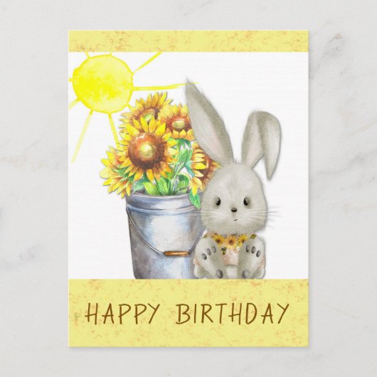 Niedliche Sonnenblume Hasen Happy Birthday Postkarte (Vorderseite)