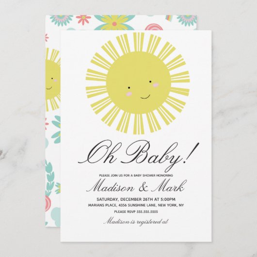 Niedliche Sonnenblumen-Babydusche Einladung (Vorne/Hinten)