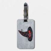 Niedliche Spinne auf Weiß mit schwarzem Huthut Gepäckanhänger (Rückseite vertikal)