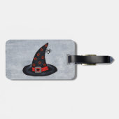 Niedliche Spinne auf Weiß mit schwarzem Huthut Gepäckanhänger (Rückseite horizontal)