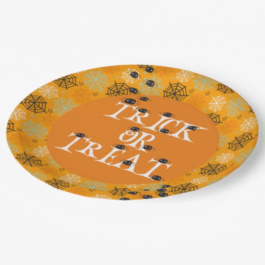 Niedliche Spinnen und Spinnennetze gemustert Hallo Pappteller (Schrägansicht)