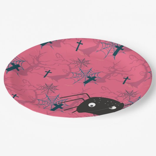 Niedliche Spinnweben und Himbeere, rosa Spinnweben Pappteller (Schrägansicht)