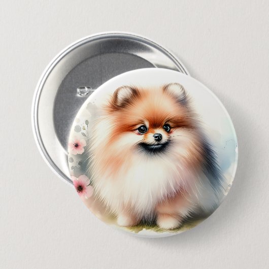 Niedliche Spitz-Aquarelldarstellung Button (Vorne & Hinten)