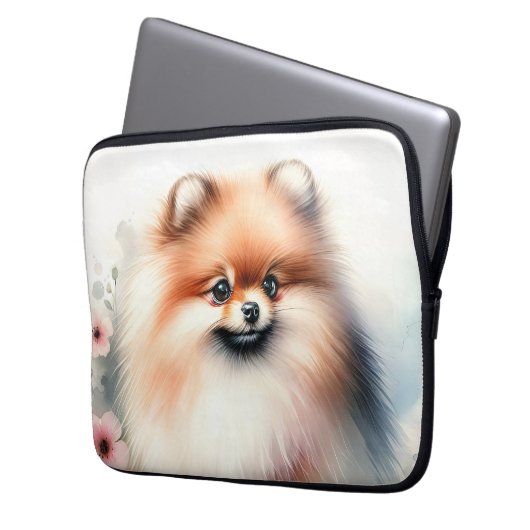 Niedliche Spitz-Aquarelldarstellung Laptopschutzhülle (Vorderseite Links)