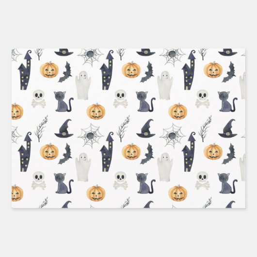 NIEDLICHE SPOOKY HALLOWEEN GHOSTS PUMPKINS BATS MO GESCHENKPAPIER SET (Vorderseite)