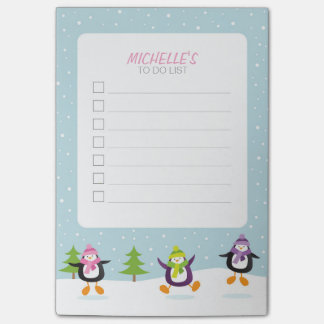 Niedliche Springpinguine im Schnee auf der Liste Post-it Klebezettel