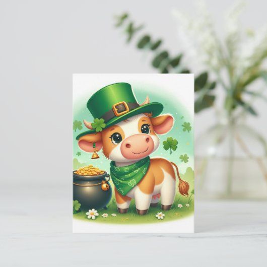 Niedliche St. Patricks Day Braun und Weiße Kuh Postkarte (Stehend Vorderseite)