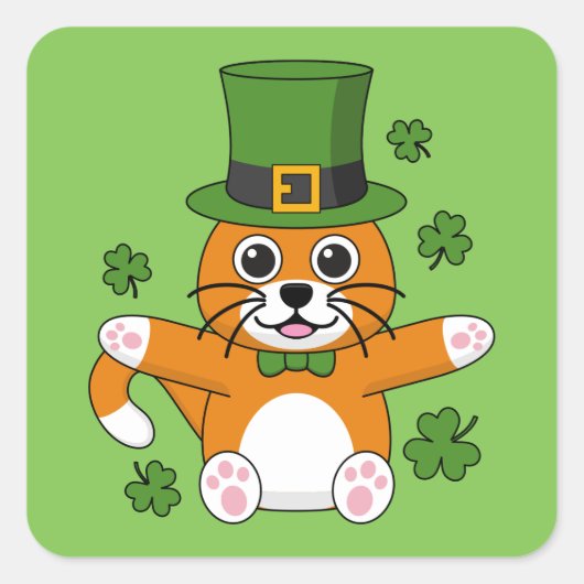 Niedliche St Patrick's Day Cat mit Kleeblättern Ca Quadratischer Aufkleber (Vorderseite)