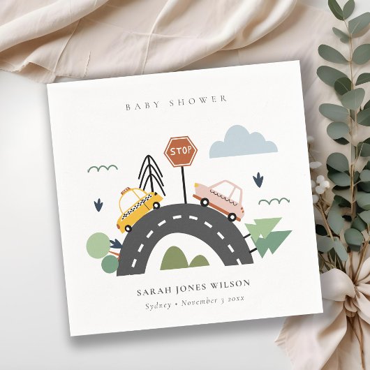 Niedliche Stadtautos Straßenbahn Stadtbild Kinderd Serviette