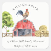 Niedliche Stallroster Farm Wasserfarben Kids Adres Quadratischer Aufkleber (Vorderseite)