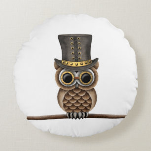 Niedliche Steampunk Eule auf einer Niederlassung Rundes Kissen
