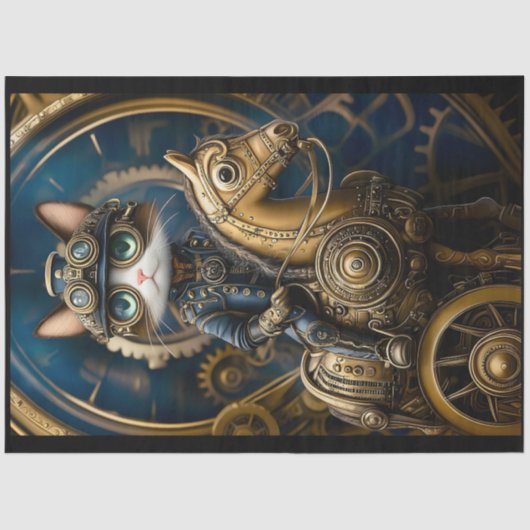 Niedliche Steampunk-Katze auf G3R-Decoupage Seidenpapier (Vorderseite)