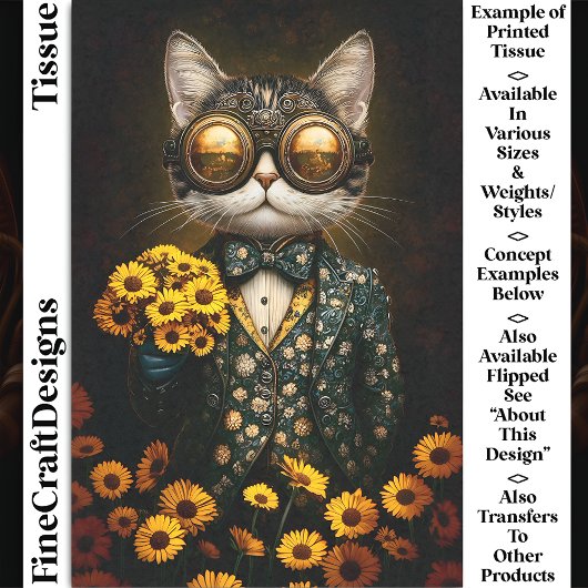 Niedliche Steampunkkatze, gelbe Blumen CY9L Decoup Seidenpapier