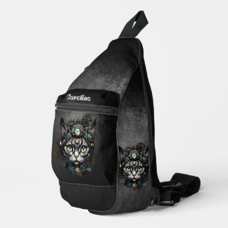 Niedliche Steampunkkatze mit Uhren und Gängen. Crossbody Bag